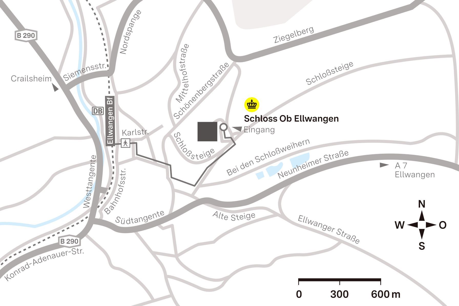 Entwurf: Staatliche Schlösser und Gärten Baden-Württemberg, JUNG:Kommunikation Anfahrtsskizze zum Neuen Schloss Ellwangen